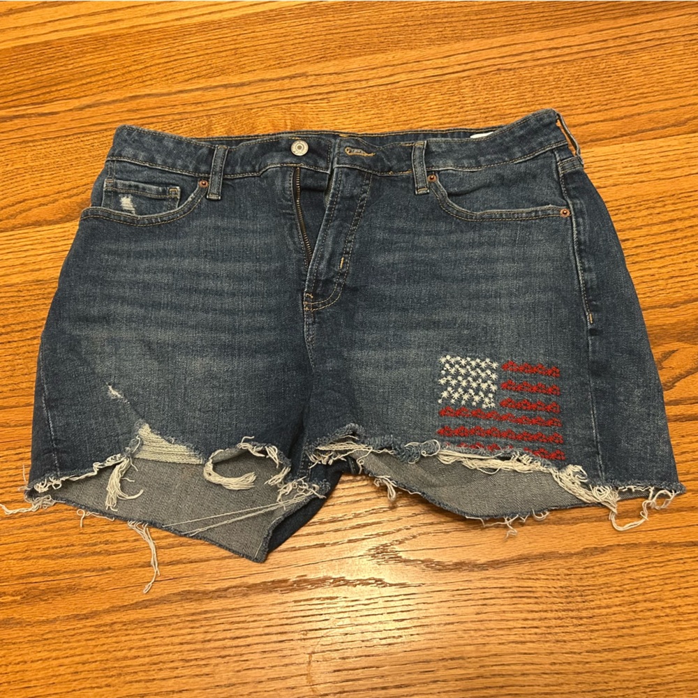 Old Navy Dark Blue Distressed Cut Off Denim Shorts w/ Embroidered American Flag